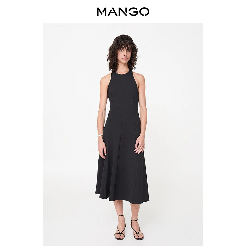 MANGO女装连衣裙2025秋装新款圆领无袖A字长款气质优雅连衣裙