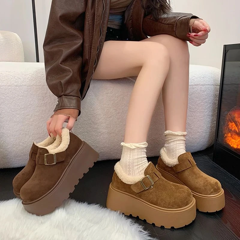 女2025冬新款加绒松糕增高一脚蹬大头丑萌勃肯棉鞋厚底保暖雪地靴
