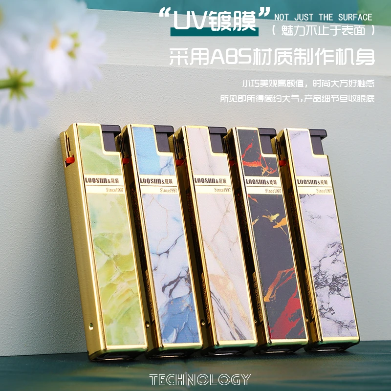 个性创意金色方形金属防风打火机可充气直冲蓝焰耐用加厚大理石纹