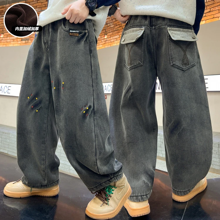 【加绒/不加绒】牛仔裤秋冬中大童宽松帅气弯刀裤儿童长裤子洋气潮