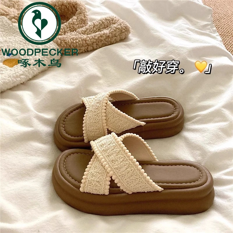 啄木鸟4cm厚底增高外穿拖鞋女ins夏季防滑透气沙滩度假凉拖鞋潮