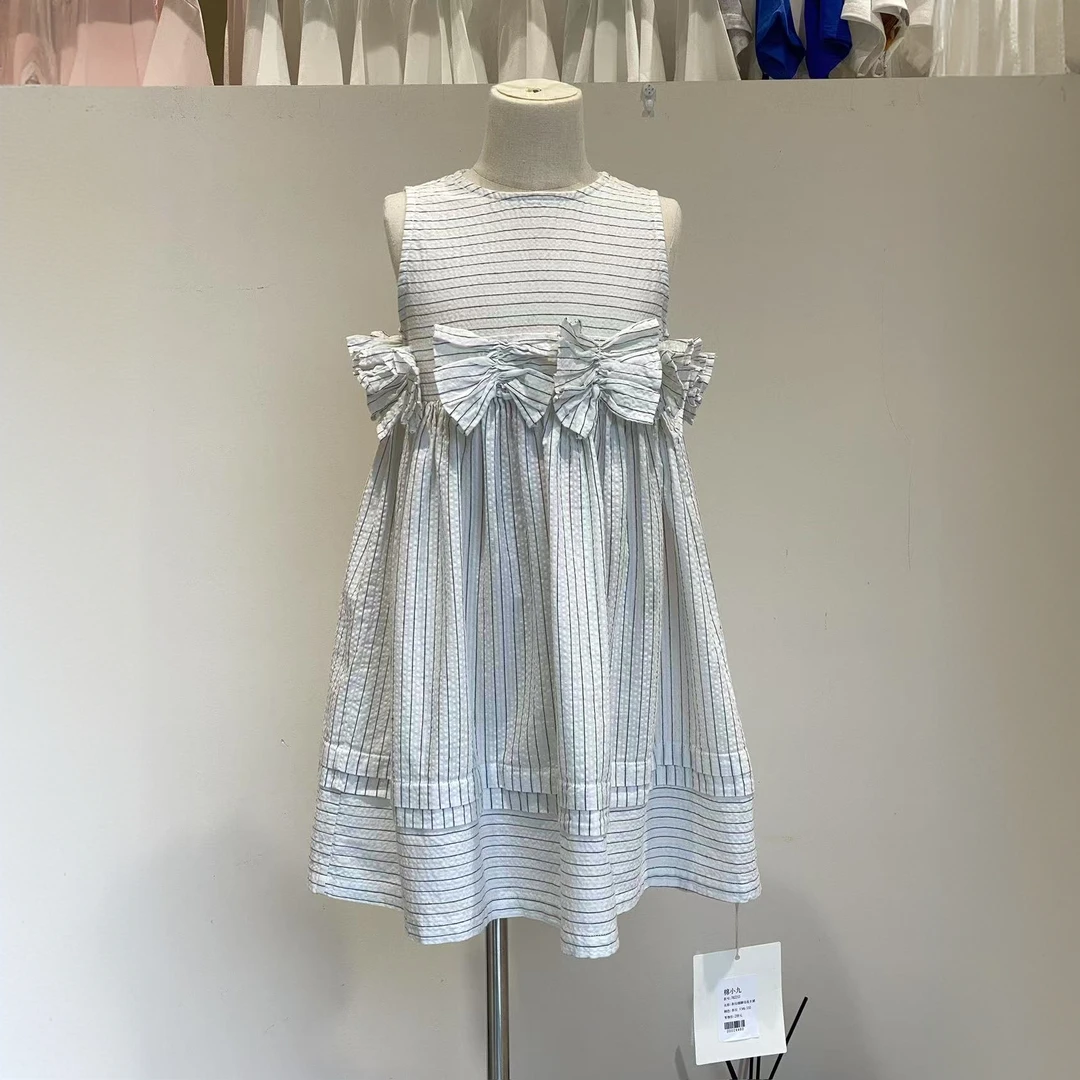棉小九 儿童韩系条纹蝴蝶结连衣裙（中童）782213