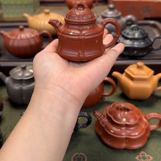 紫砂茶壶六方隐角竹鼓洒金80cc