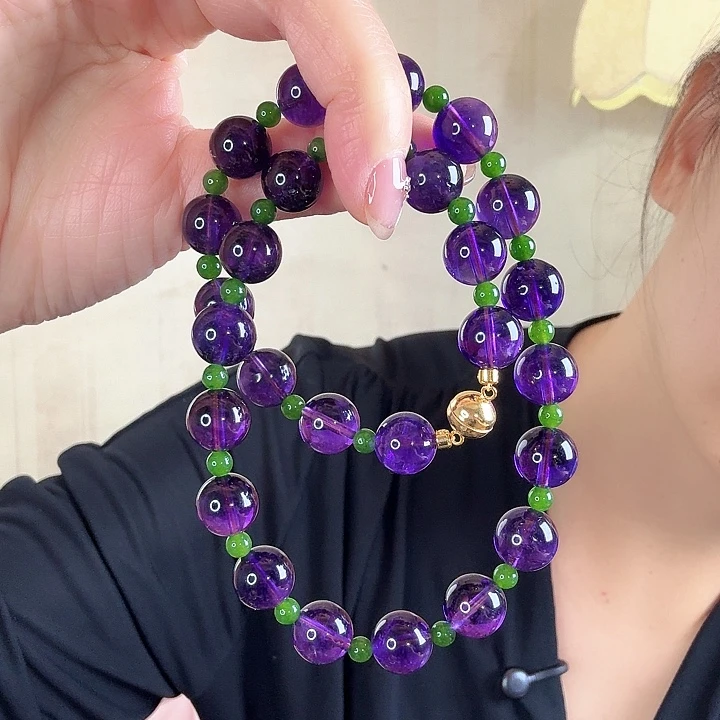 颈饰银S925镶嵌水晶天然乌拉圭紫水晶项链11-12mm