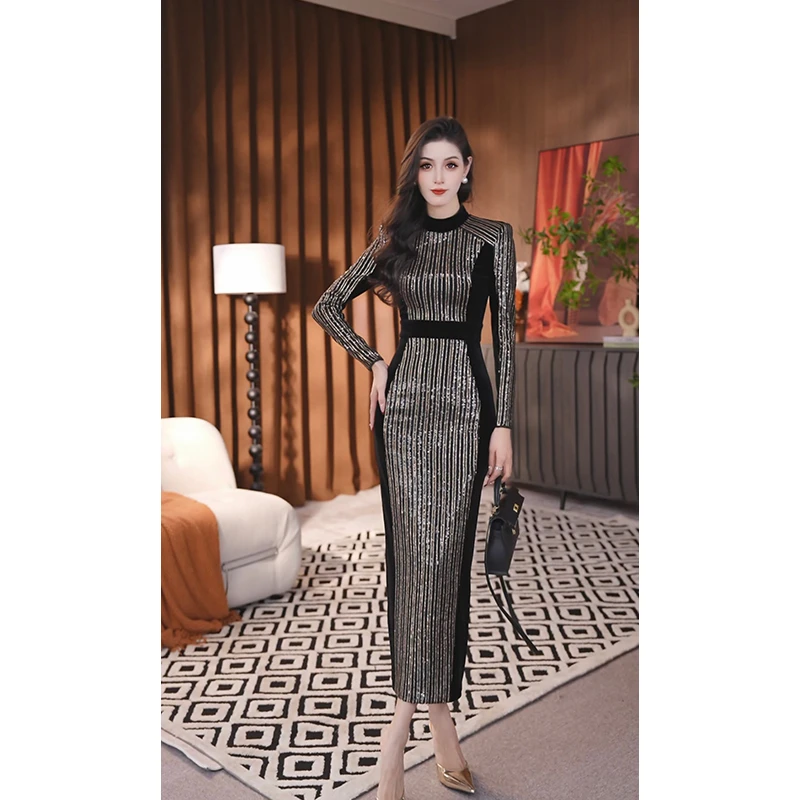 尤克菲儿 小众原创高定轻奢珠片拼接丝绒收腰优雅连衣裙