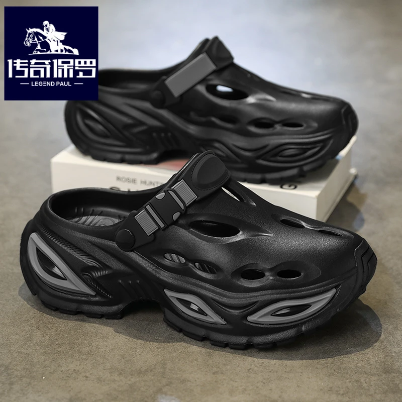 传奇保罗正版包头拖鞋男夏季外穿两用黑色洞洞鞋男办公室大头凉鞋