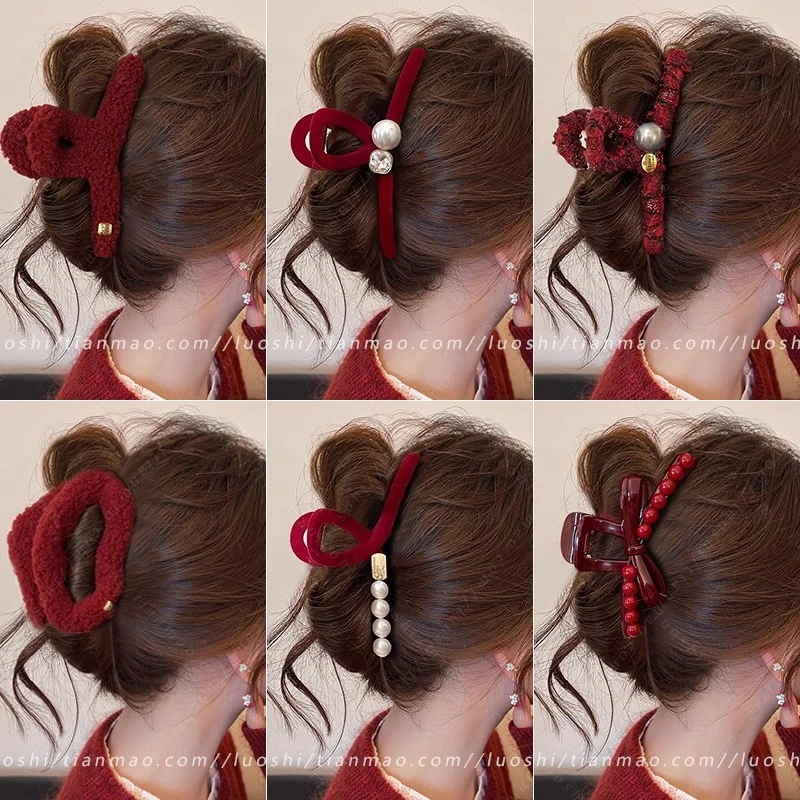 秋冬新年红色抓夹女2025新款感盘发夹后脑勺鲨鱼夹子发卡头饰