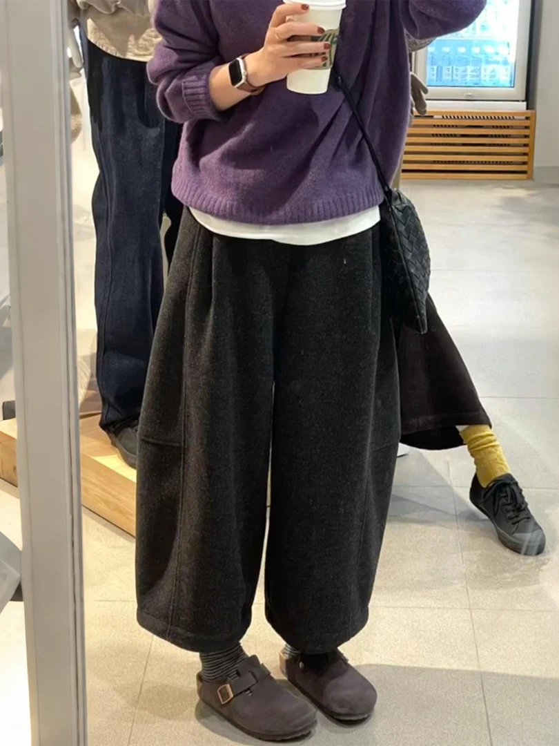韩系八分毛呢裤女冬宽松弯刀裤大码胖mm显瘦加绒加厚休闲哈伦裤子