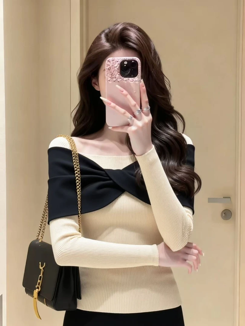 Y217设计感一字肩打底女秋冬2025新款长袖针织衫修身百搭洋气上衣