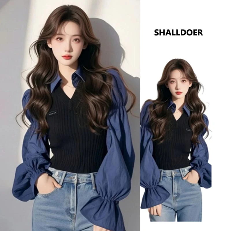 2025年新款收腰上衣高级感小众假两件衬衫显瘦女装长袖时尚春秋款