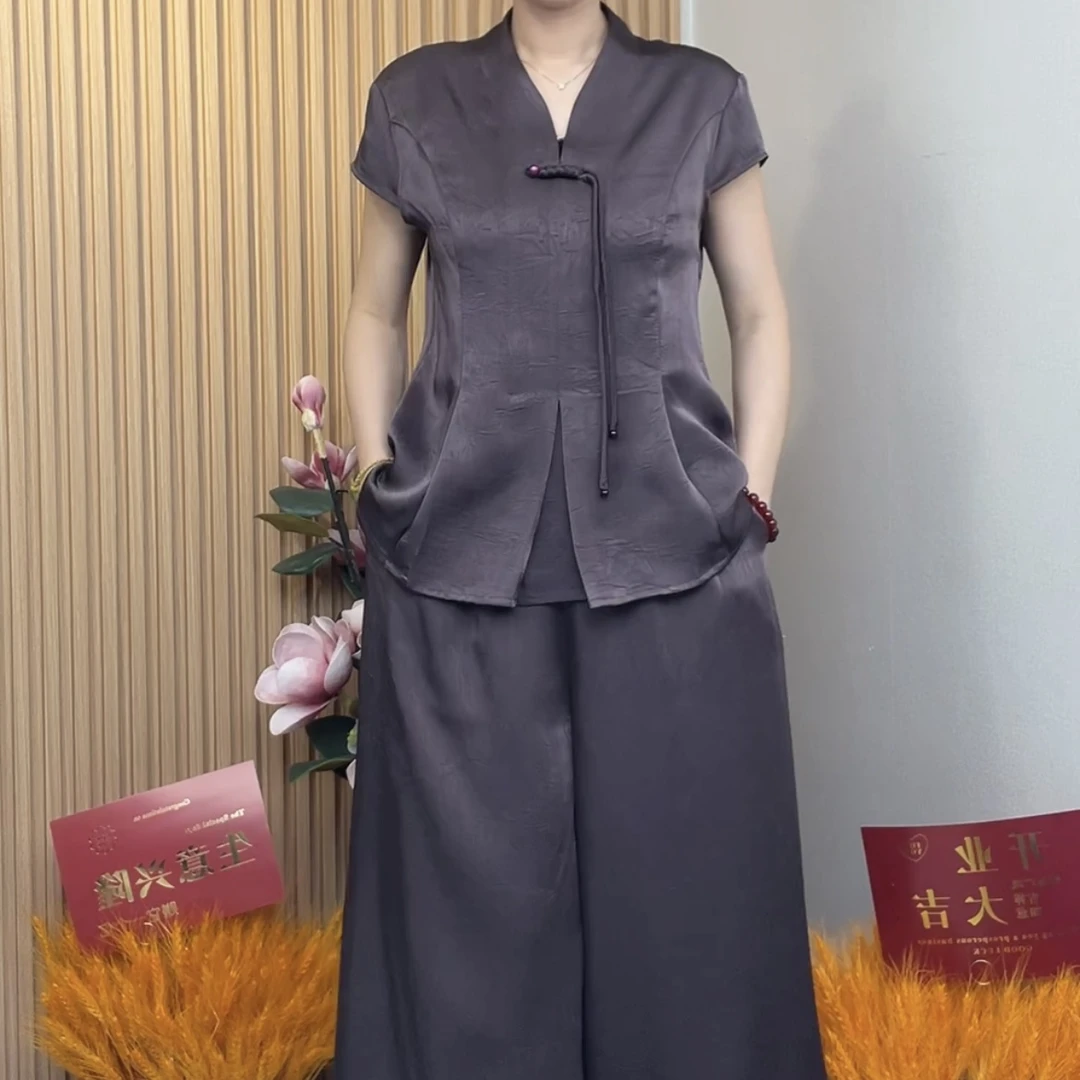 简约妈妈时尚套装夏季阔腿裤气质减龄时尚宽松国风裤子短袖套装