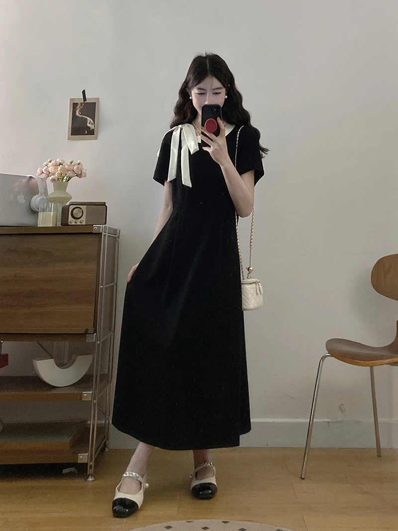 夏季新款大码女优雅蝴蝶结收腰长短款连衣裙22600短款+22547长款