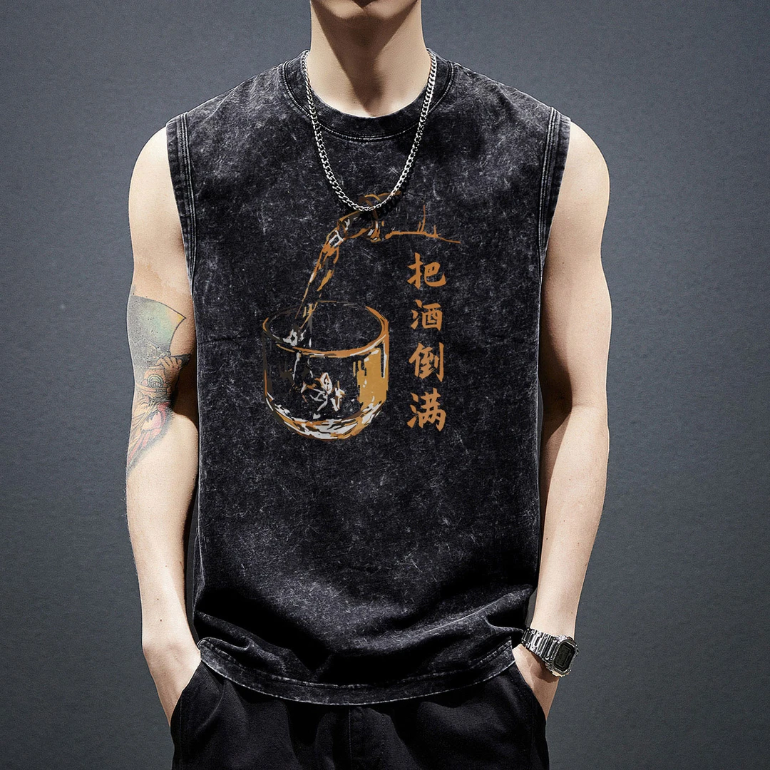 印花男士印花嘻哈轻奢痞帅无袖T恤男背心水洗做旧运动黑色百搭