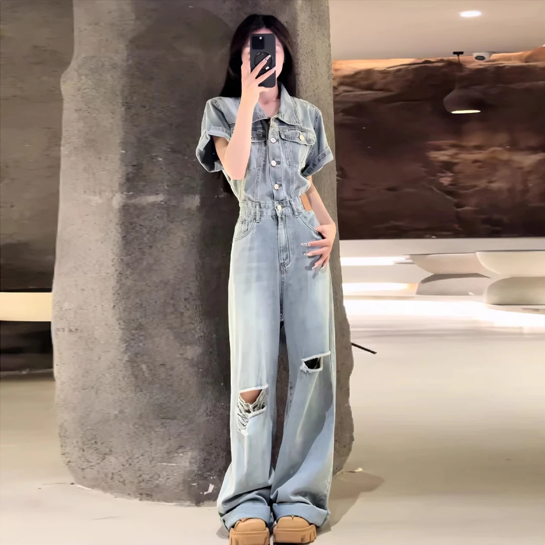 美式复古无袖工装牛仔连体裤女夏新款宽松显瘦破洞设计阔腿连衣裤
