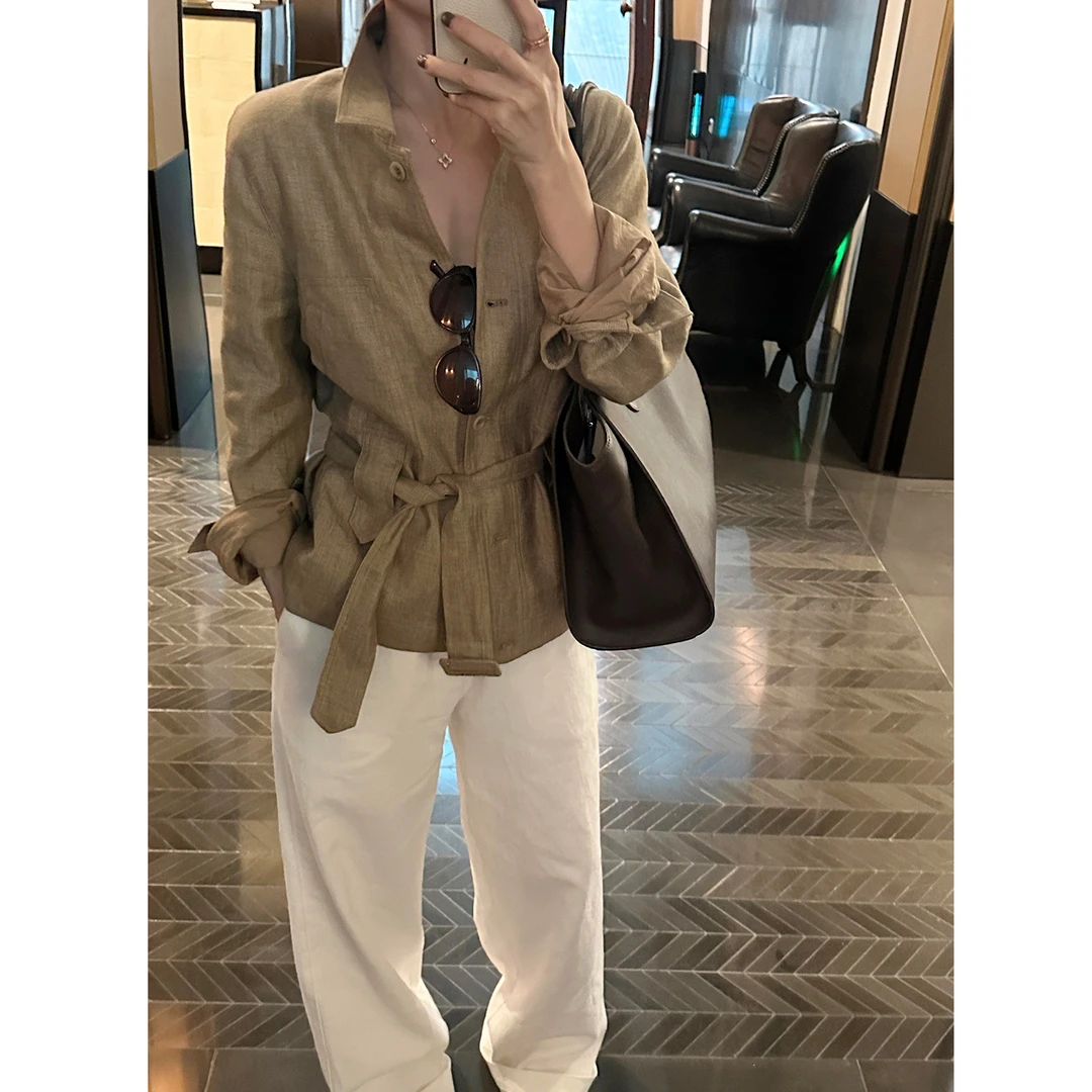 法式复古亚麻外套女2025早秋新款时尚设计感老钱风卡其色短外套