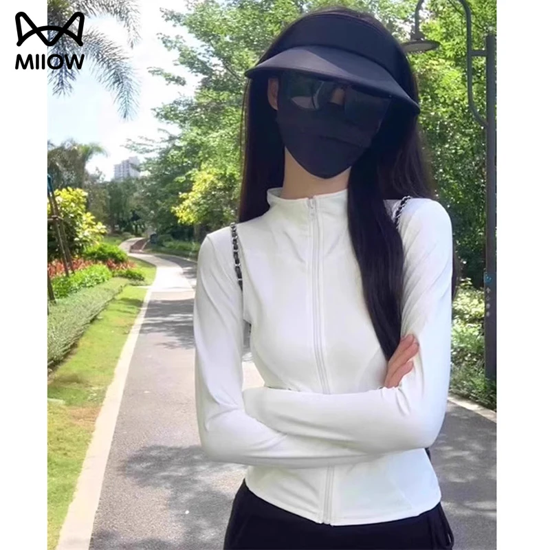 猫人冰丝防晒衣女夏2025新款白色修身开衫外套瑜伽健身衣薄款上衣