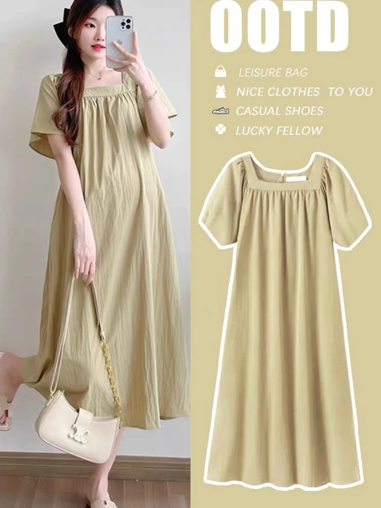 裙子女夏孕妇2025新款方领薄款绿色孕妈妈慵懒风连衣裙夏装中长款