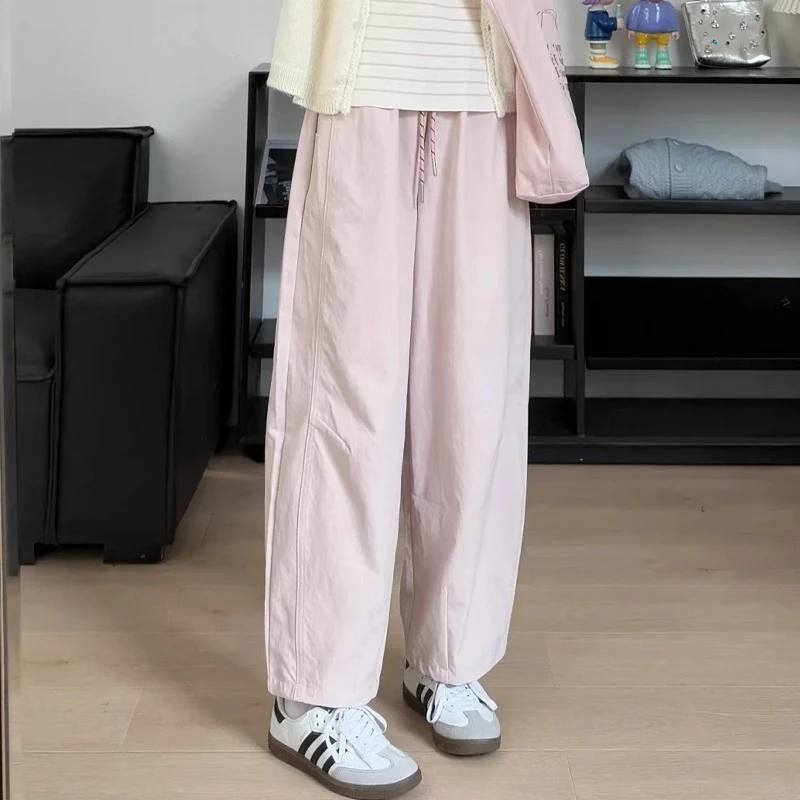 粉色抽绳休闲裤女夏季薄款大码胖mm高腰宽松显瘦直筒遮胯九分裤子