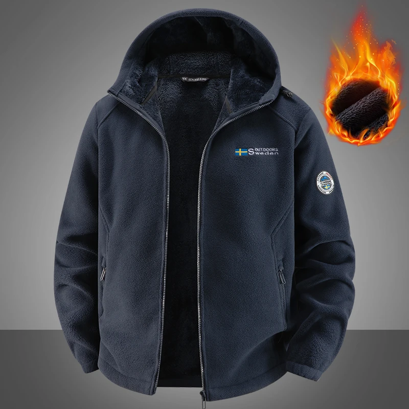 雅鹿男装秋冬季运动户外休闲加绒保暖抓绒衣连帽宽松卫衣加厚外套