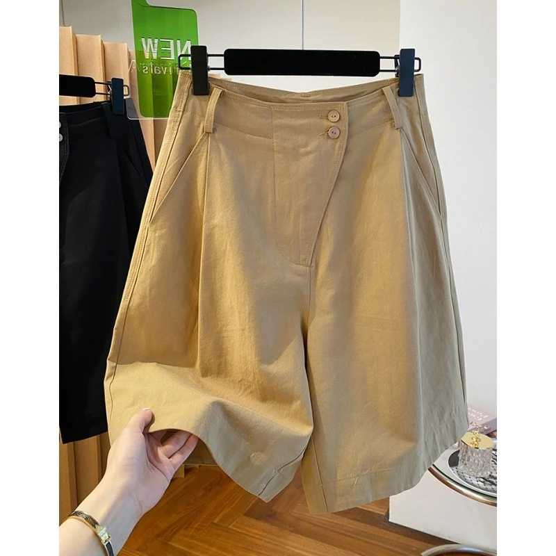 黑色工装中裤五分短裤女夏季2025新款宽松薄款高腰a字版阔腿裤潮