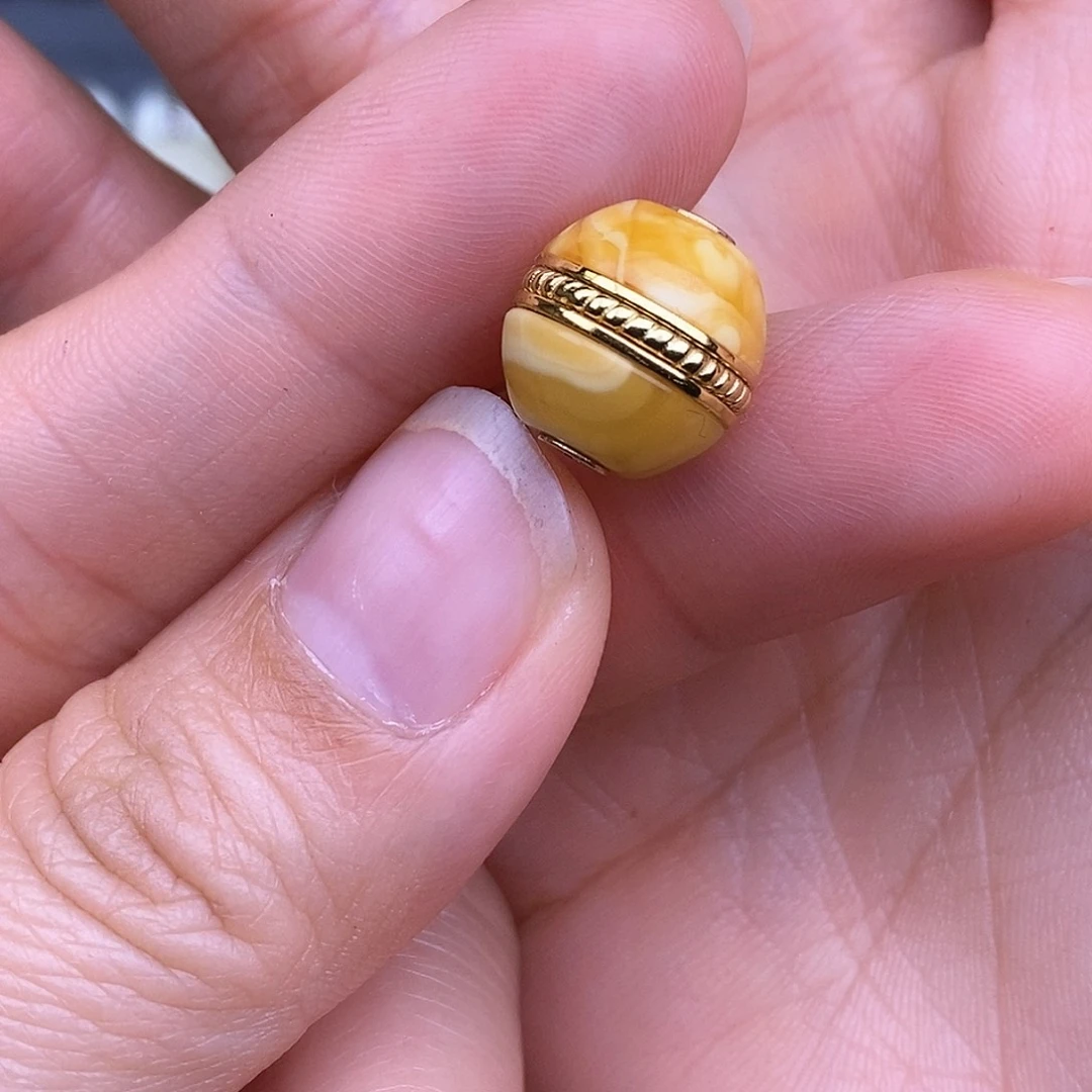 琥珀裸石银S925镀金镶嵌12mm 蜜蜡汉堡珠