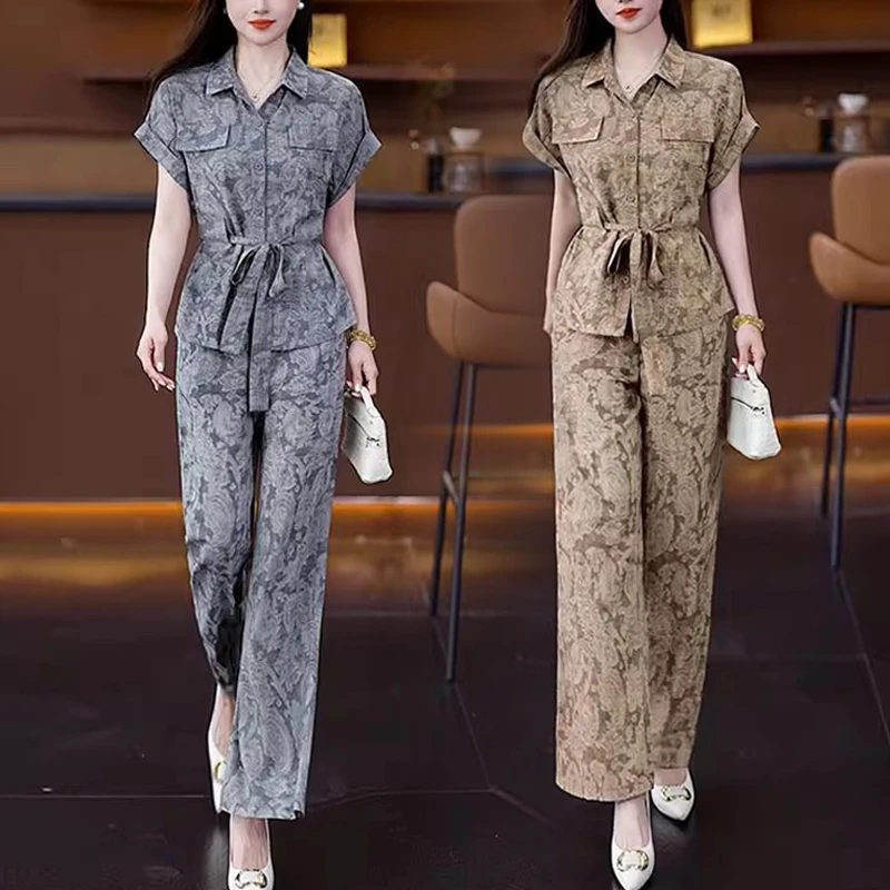 阔腿裤慵懒风休闲风上衣长裤新中式高腰时尚套装时尚妈妈2025夏季