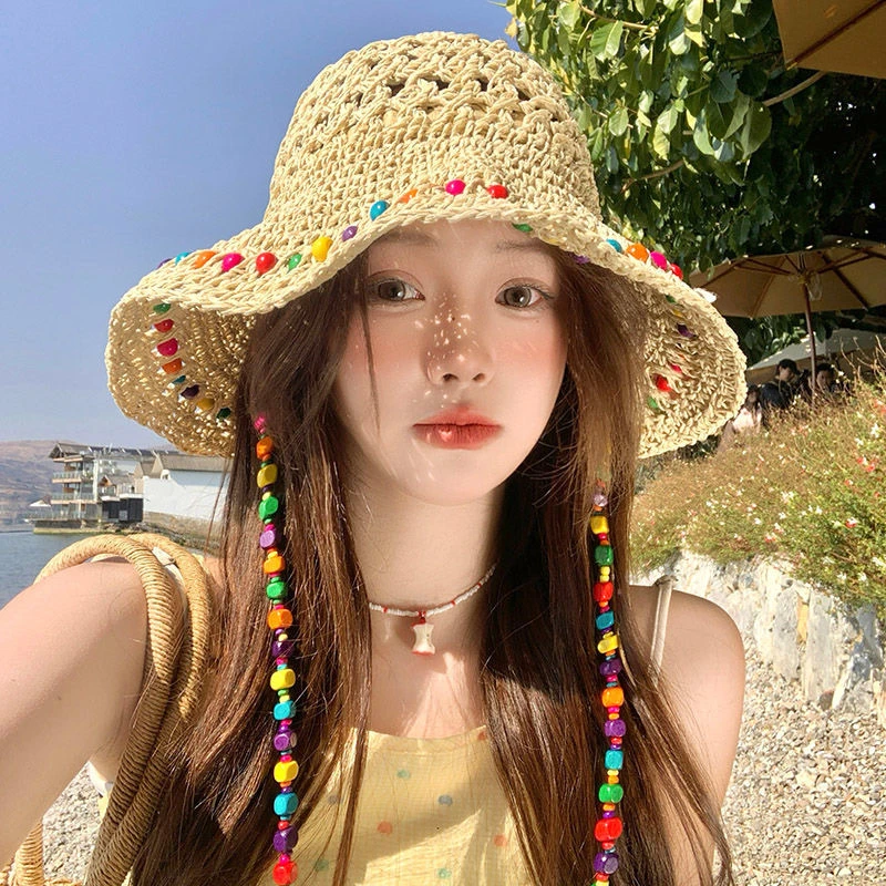 彩色雅风珠子草帽可折叠田园风手工遮阳草帽户外沙滩遮阳防晒女帽