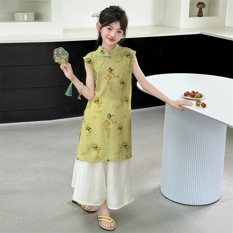 女童夏季旗袍套装2025新款女孩大童新中式连衣裙儿童夏天国风汉服