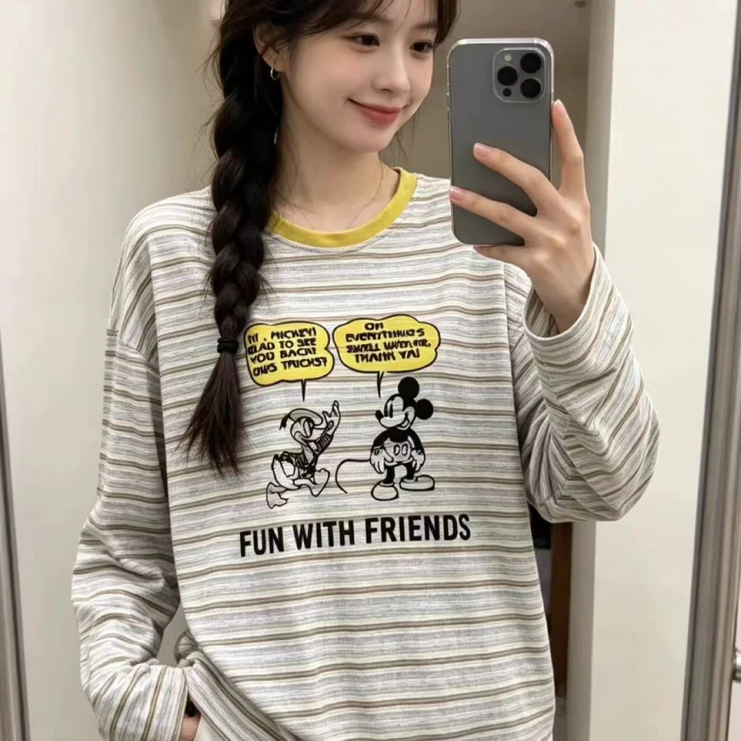 FCD9622米奇唐老鸭夏季新款宽松显瘦长袖条纹防晒T恤女减龄百搭