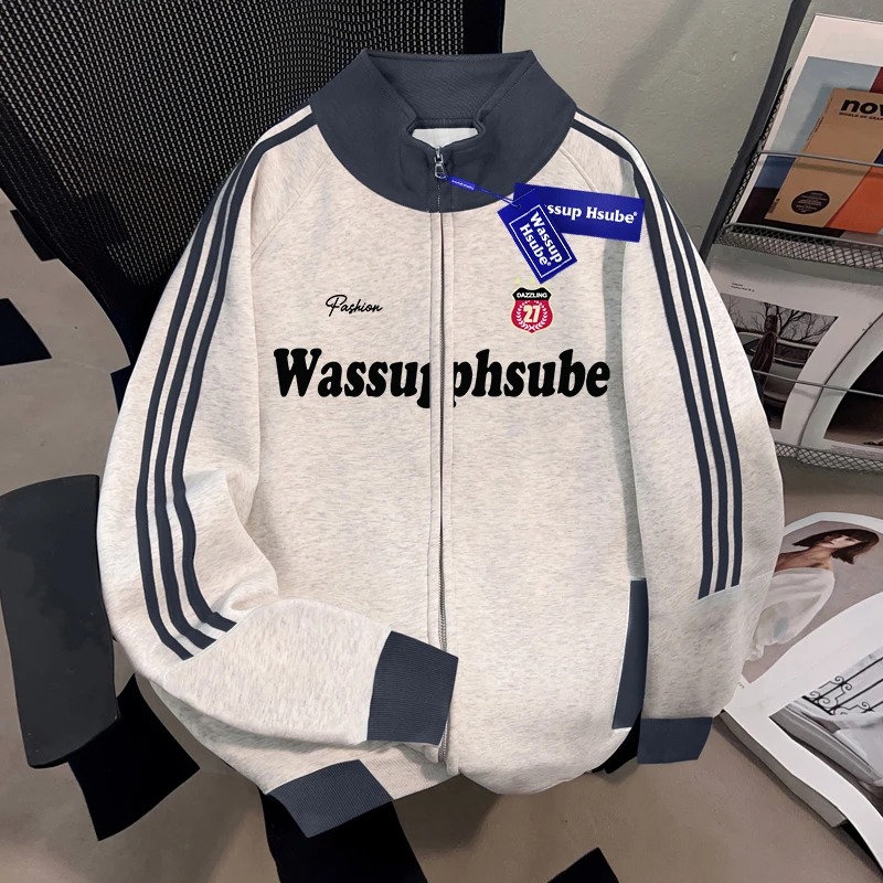 WASSUP HSUBE盾标字母印花外套秋季流行设计开衫男女同款拉链卫衣