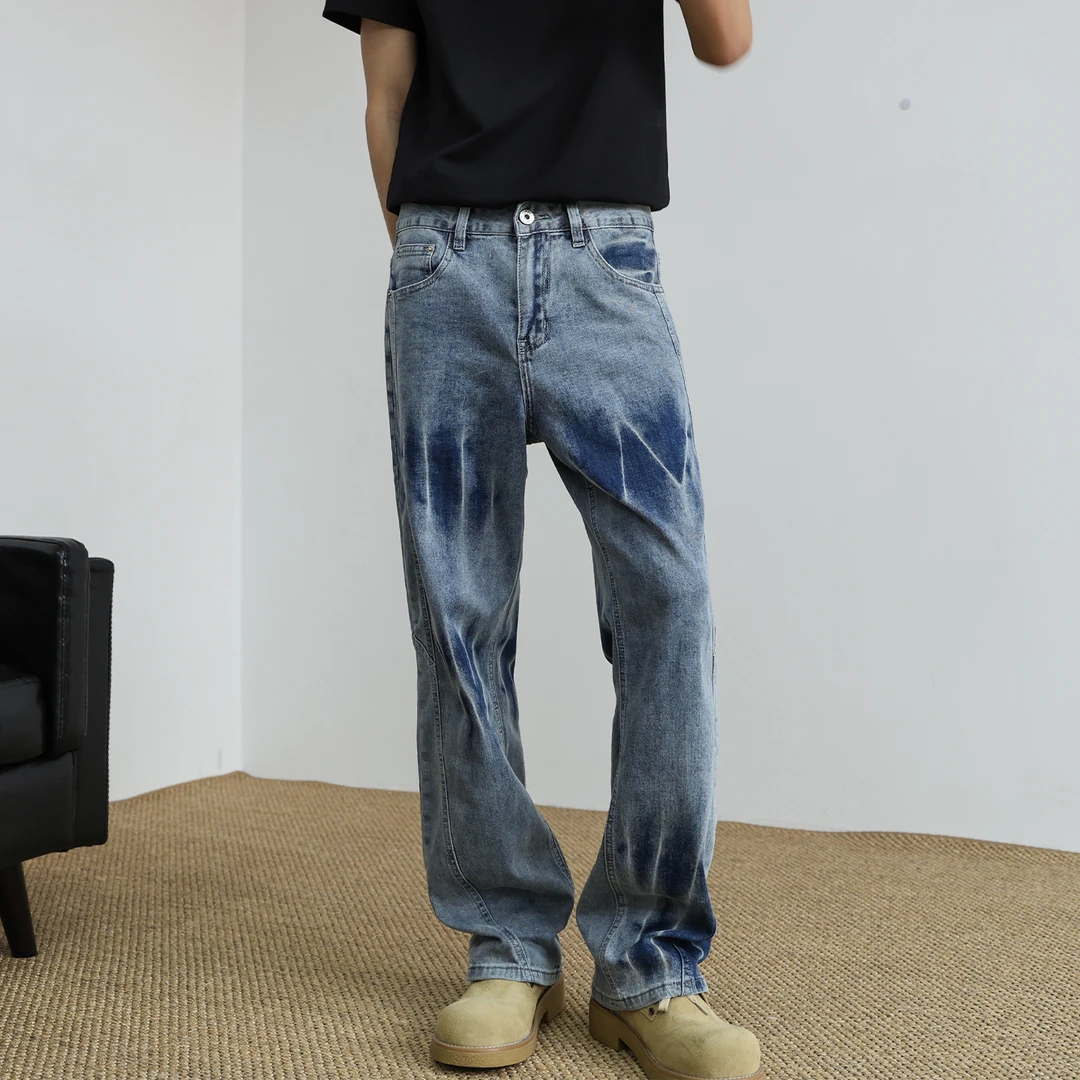 2025秋季欧美街头潮牌水洗蓝色扎染宽松直筒裤小众痞帅拼接长裤男