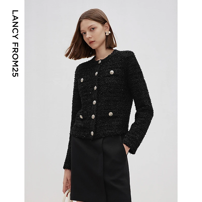 朗姿法式小香风高级感上衣2025年春季新款气质设计感黑色针织开衫