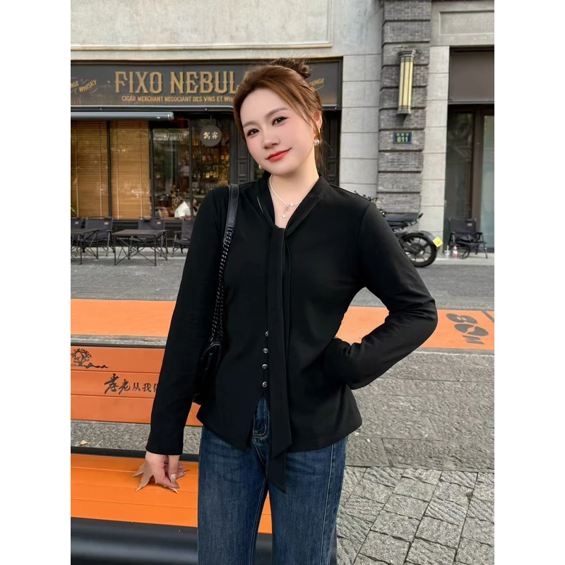 NANJIE/楠姐【主旋律】气质秋冬季厚款显瘦飘带领上衣XNS6679