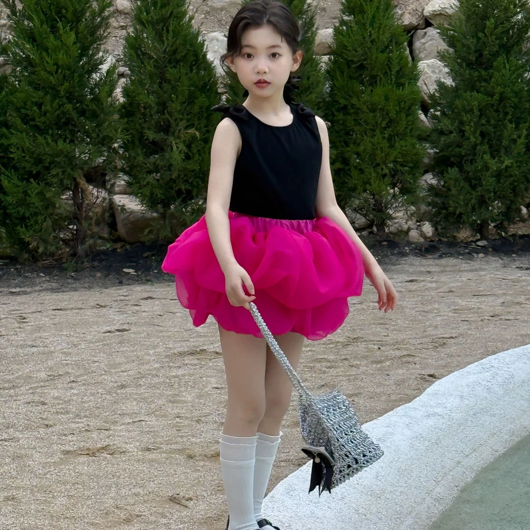 女童套装2025夏季新款儿童甜美蝴蝶结无袖背心宝宝网纱蓬蓬蛋糕裙