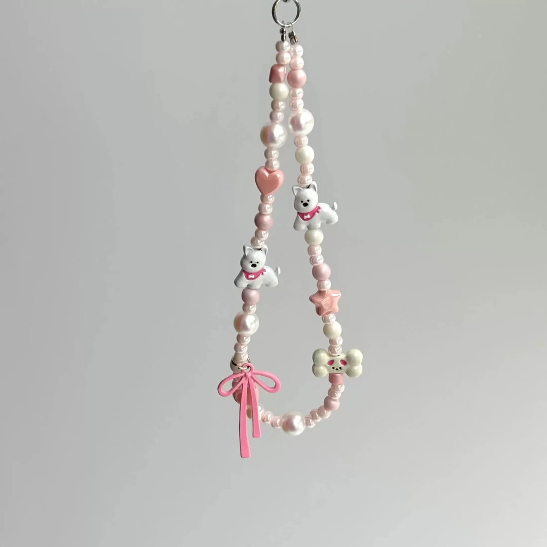 创意西高地小狗少女ins蝴蝶结串珠ccd手机链相机挂绳diy链条挂件