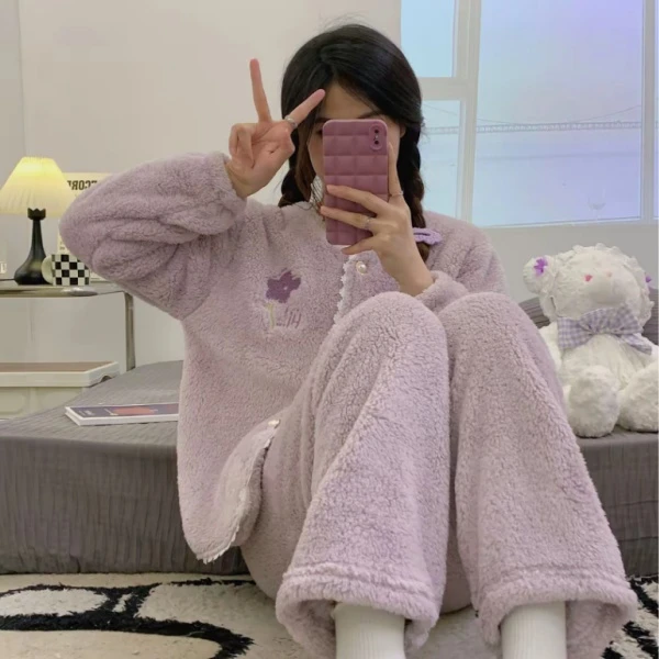 2025秋冬季开衫外穿珊瑚绒小香风睡衣家居服套装清仓