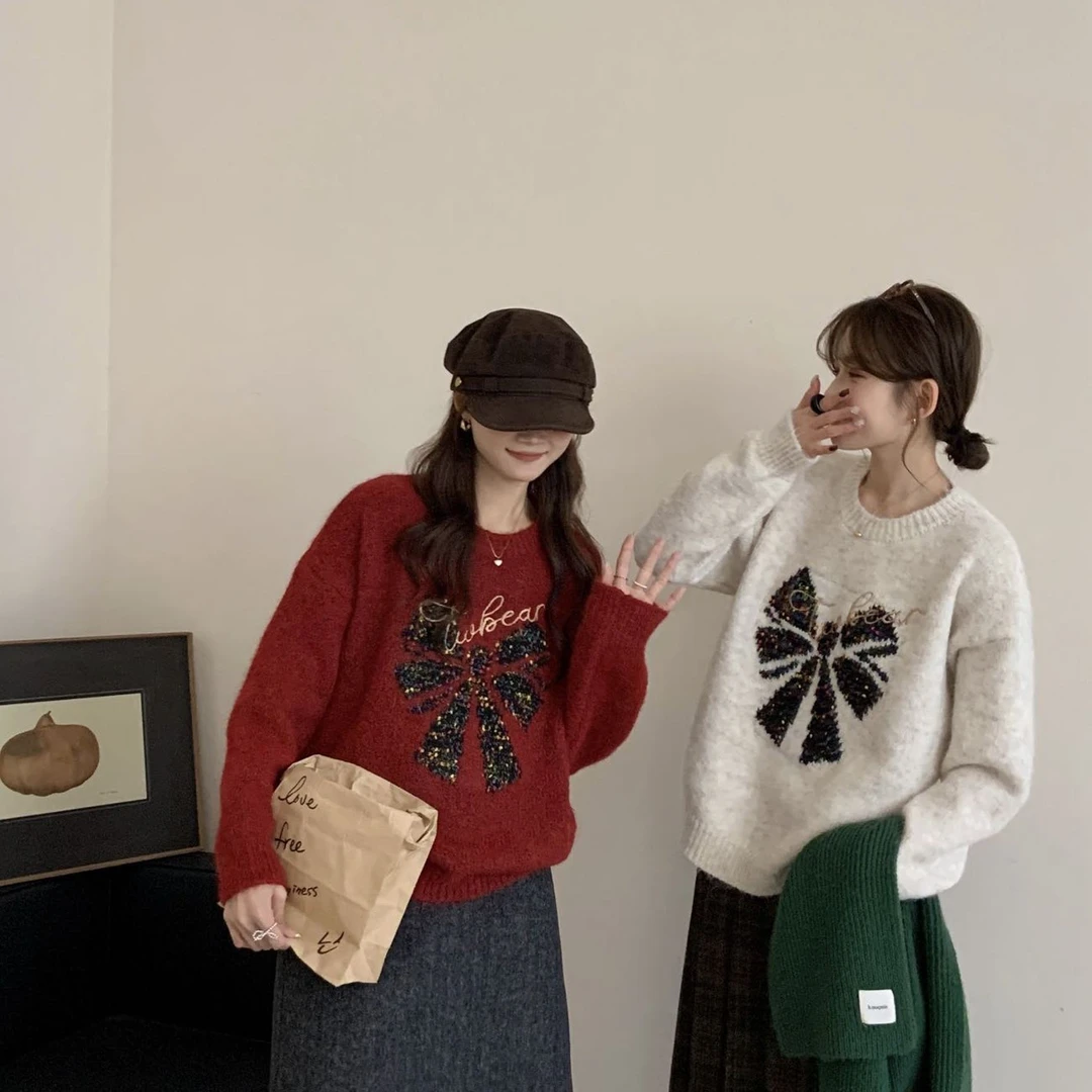 韩系彩点爆闪蝴蝶结新年针织毛衣KH98