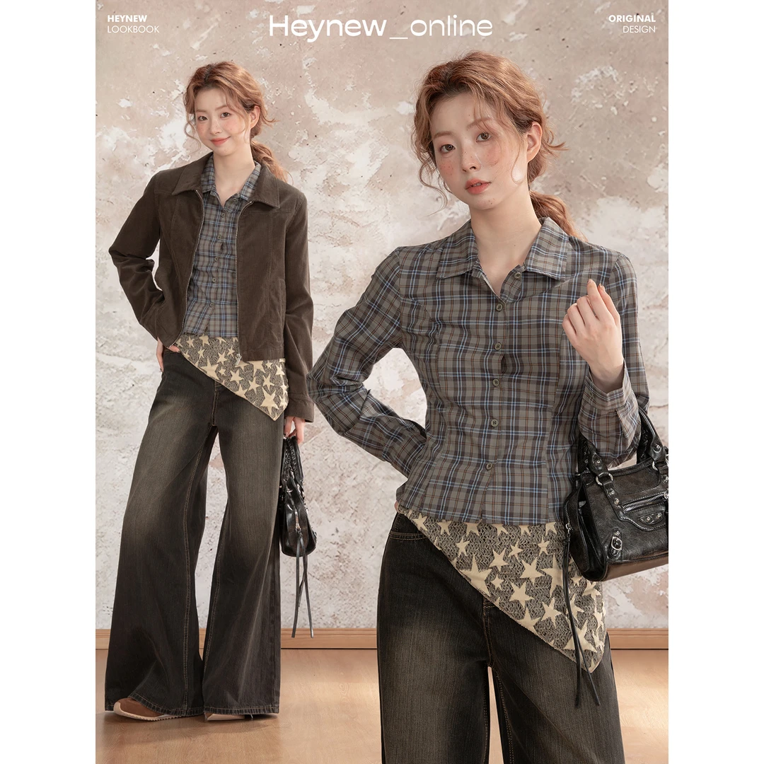 LOVEHEYNEW格纹长袖衬衫后背蝴蝶结系带秋收腰显瘦短衬衣女5Q536