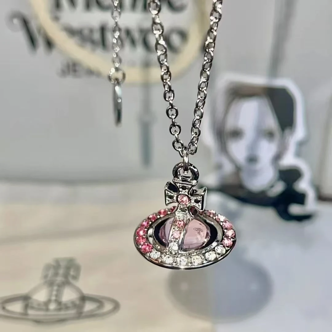 铜合金项链 立体土星满镶锆星球锁骨链轻奢时尚百搭生日礼物饰品