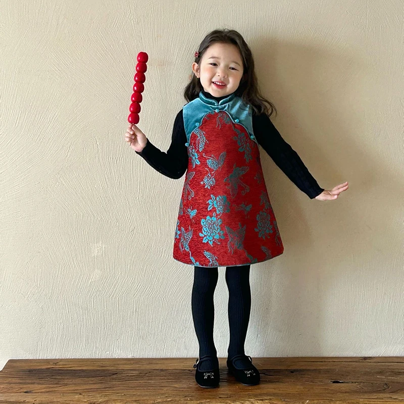 【本妈】冬“花开蝶梦”女童针织上衣+国风夹棉无袖连衣裙QZ385