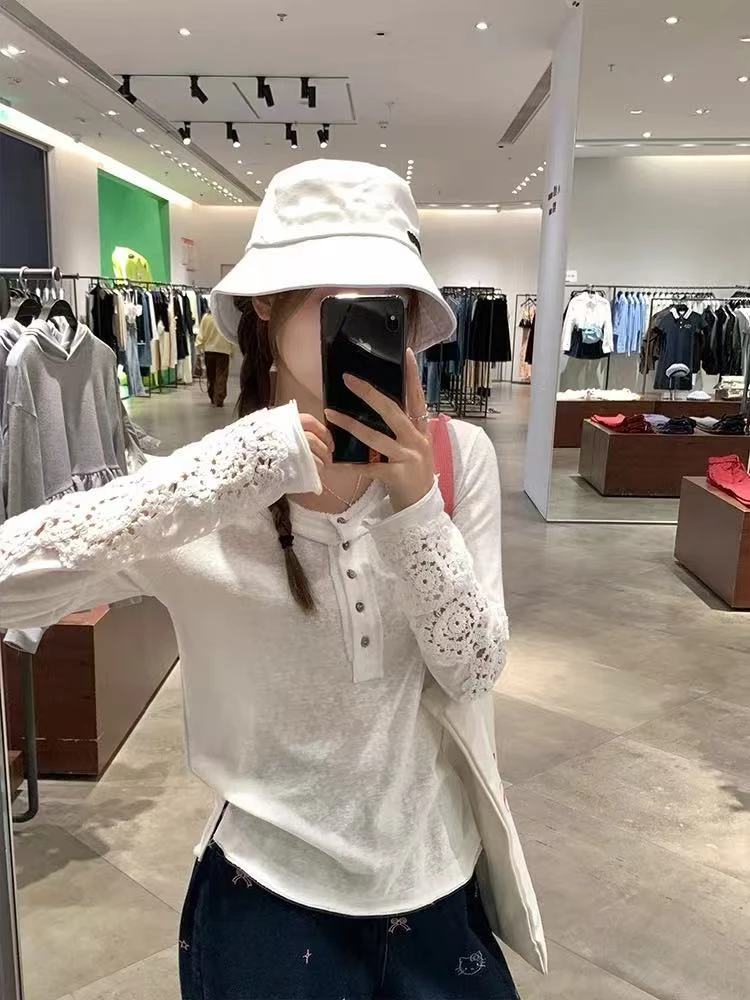 398#韩系白色重工镂空钩花长袖t恤女设计感通勤百搭撕边圆领上衣