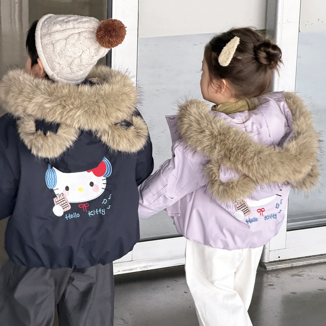 女童派克服加绒加厚2025冬季新款KT猫刺绣冲锋衣棉服大毛领外套