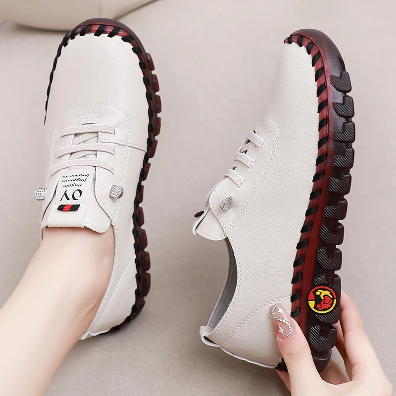 真皮皮鞋女单鞋牛筋底新款夏季软底软皮舒适中老年妈妈鞋平底鞋子