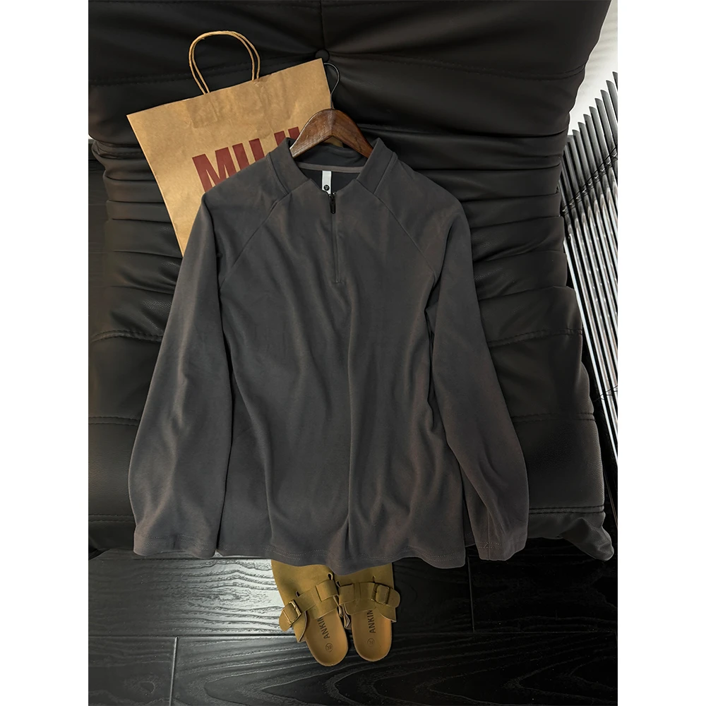 半拉链德绒t恤男款秋冬季长袖纯色保暖卫衣设计感美式重磅打底衫