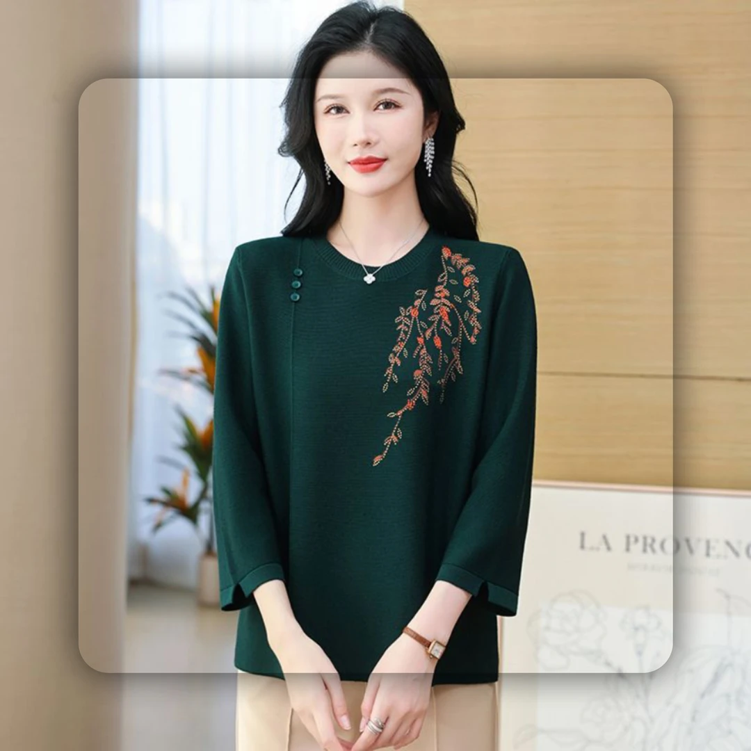 2025春夏冰丝衫中老年女士圆领七分袖针织衫宽松亲肤镶钻上衣