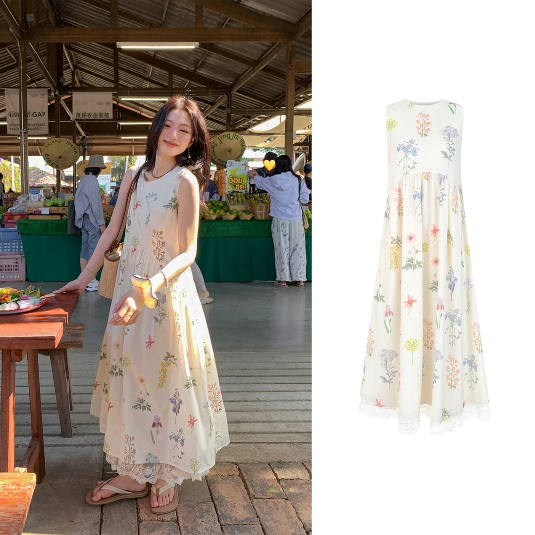蕾丝边植物印花背心连衣裙女小个子浪漫度假风碎花长裙 8687#