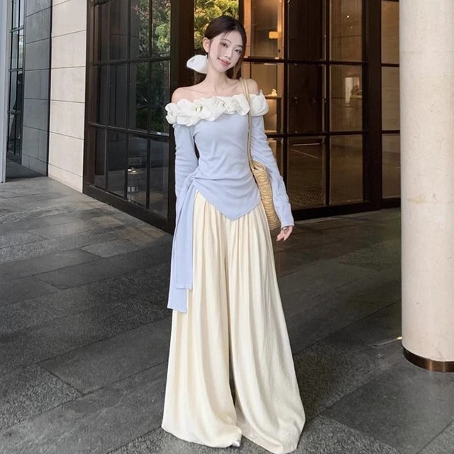 温柔风套装女气质不规则一字肩长袖T恤上衣春季垂感休闲 裤两件套