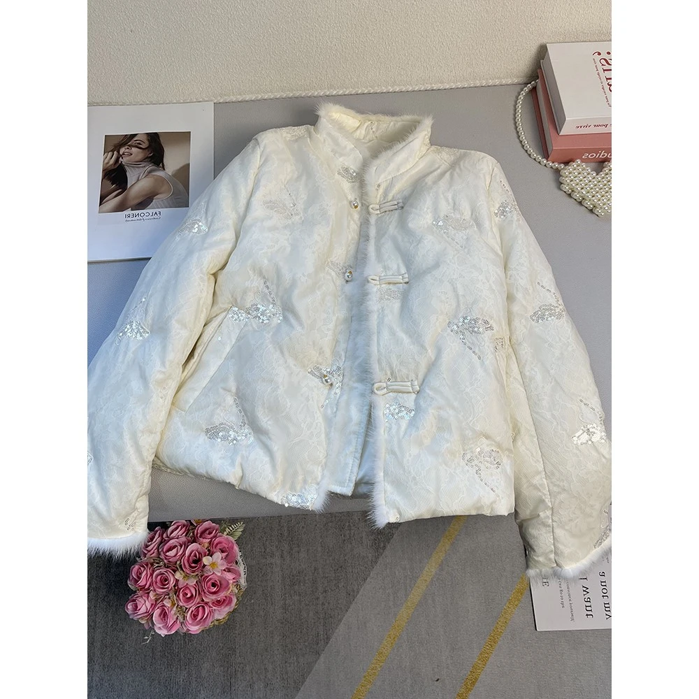新中式国风羽绒服女冬季轻奢重工刺绣花朵白鸭绒加厚短外套