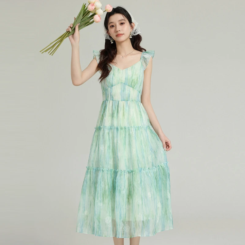 晕染连衣裙2025夏季新款女装长夏波光木耳边小飞袖雪纺裙显瘦气质