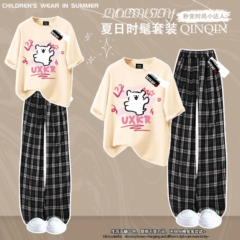 女童夏季纯棉短袖格子裤套装卡通线条小狗中大童阔腿长裤两件套潮